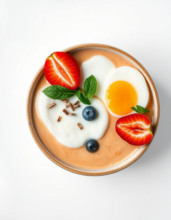 Bowl of yogurt with berries and eggs on white background, top view