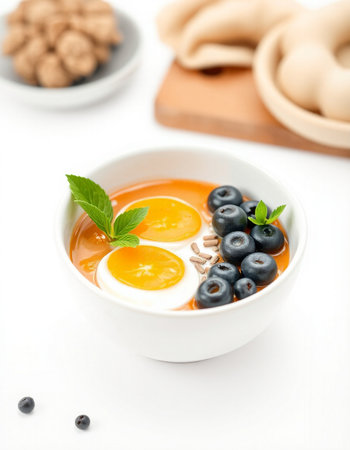 Healthy breakfast - yoghurt with blueberries and eggs on a white backgroundの写真素材