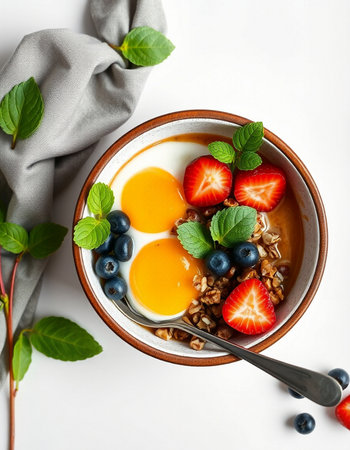 Healthy breakfast bowl with granola, yogurt and berries on white background