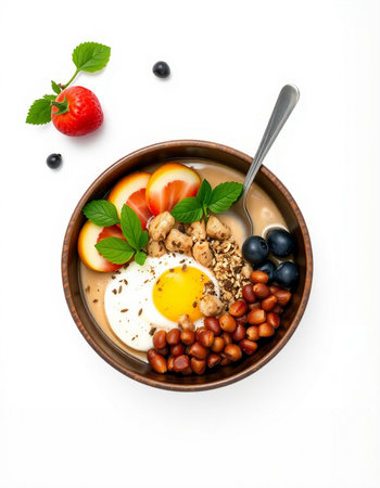 Healthy breakfast with oatmeal, berries, nuts and egg.