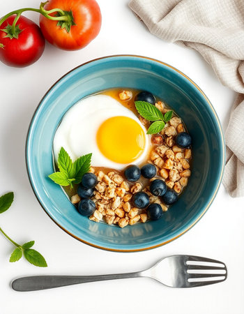 Breakfast with oatmeal, blueberries and fried egg in a blue bowl on white background