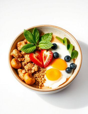 Healthy breakfast with oatmeal, berries, eggs and nuts.の写真素材