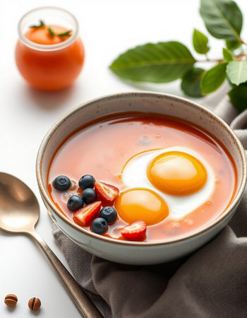 Soup with strawberry, blueberry and egg in a bowl on white backgroundの写真素材