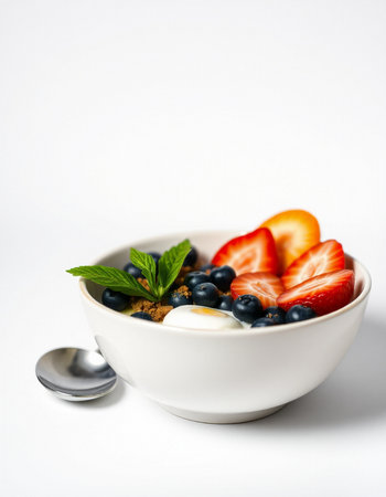 Healthy breakfast with fresh berries and yoghurt on white backgroundの写真素材