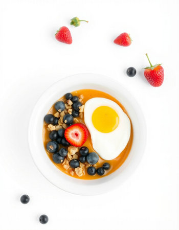 Healthy breakfast with oatmeal, berries and egg on white background