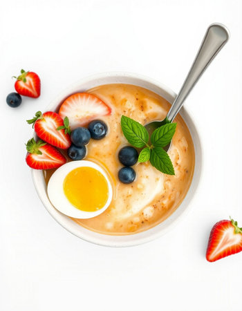 Bowl of porridge with fresh berries and egg on white background