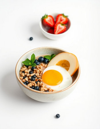 Healthy breakfast with oatmeal, berries and egg on white background
