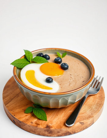 Chocolate mousse with blueberries and eggs in a bowl on a white backgroundの写真素材