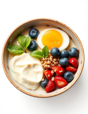 Bowl of yoghurt with fresh berries and egg on white background