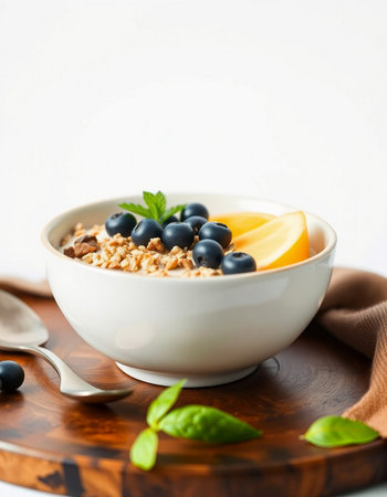 Healthy breakfast. Oatmeal with blueberries and honey in a bowl on a white background.