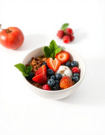 Healthy breakfast with muesli and fresh berries on white backgroundの写真素材