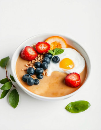 Healthy breakfast bowl with oatmeal, berries and fried egg on white background