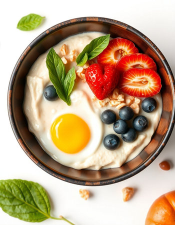Healthy breakfast with oatmeal, yogurt, berries and fried egg on white background
