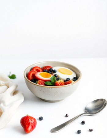 Healthy breakfast with yogurt, strawberries and blueberries in a bowl on a white backgroundの写真素材
