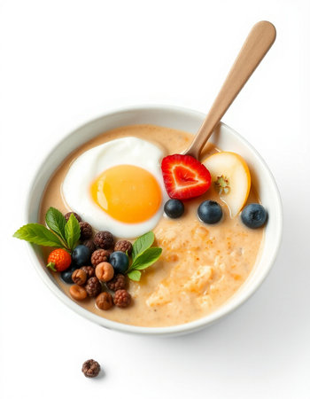 Bowl of oatmeal porridge with berries and egg on white background