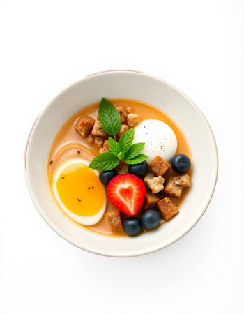 Tomato soup with soft-boiled egg, blueberries and sour cream