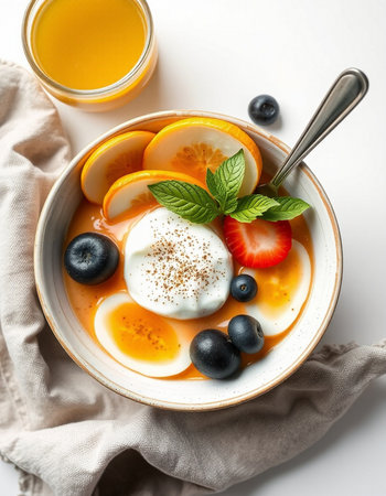 Healthy breakfast bowl with yogurt, berries and orange juice on white background