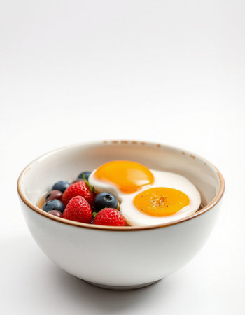Fried eggs in a bowl with fresh berries on a white backgroundの写真素材
