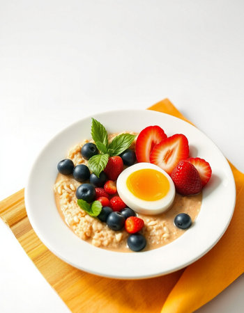 Oatmeal porridge with fresh berries and egg. Healthy breakfast.