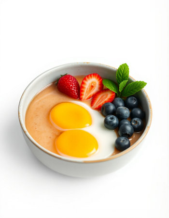 Breakfast with omelet, strawberries and blueberries on white background