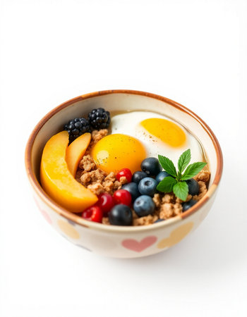 Healthy breakfast with muesli and fruits isolated on white background