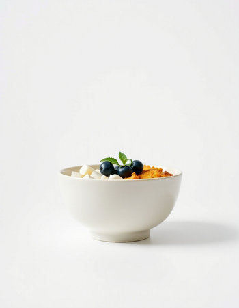 bowl of muesli with blueberries and sugar on white backgroundの写真素材