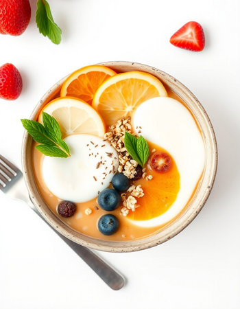 Healthy breakfast bowl with yogurt, granola and fresh berries on white background