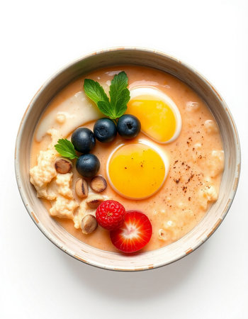 Bowl of oatmeal porridge with fresh berries isolated on white background