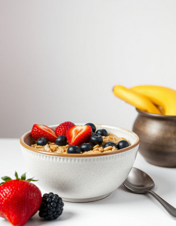 Healthy breakfast with muesli and fresh berries on white background