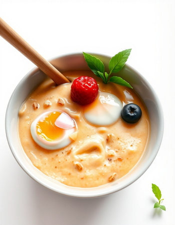 Bowl of oatmeal porridge with fresh berries and egg yolk