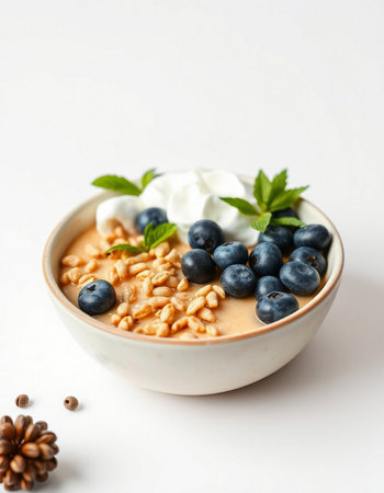 Healthy breakfast bowl with oatmeal, blueberries and whipped cream on white background