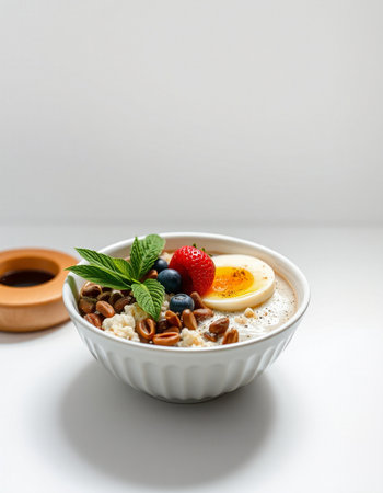 Oatmeal porridge with nuts and berries in a bowl on a white background