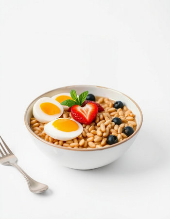 Healthy breakfast with white beans, boiled eggs and fresh berries on white backgroundの写真素材
