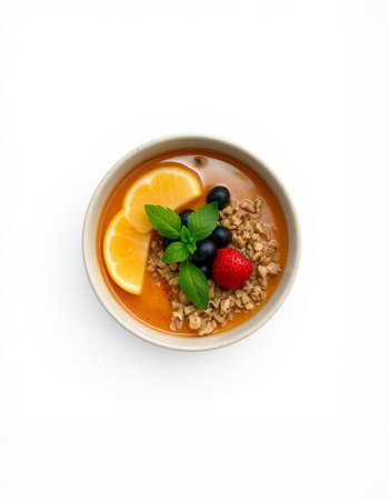 Muesli bowl with fresh berries and mint isolated on white backgroundの写真素材