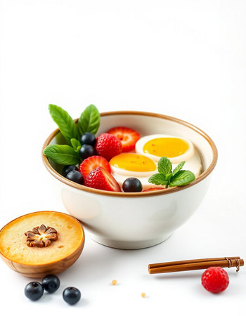 Healthy breakfast with fresh berries and yogurt in a bowl on white background