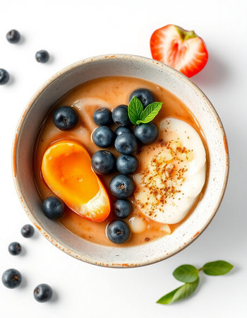 Bowl of smoothie with fresh blueberries, strawberries and egg on white background