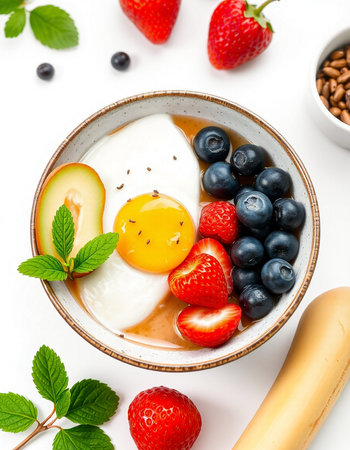 Breakfast with fried eggs, strawberries and blueberries on white background