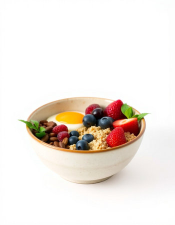 Healthy breakfast with oatmeal, berries and egg on white background