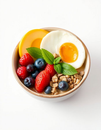 Healthy breakfast bowl with oatmeal, berries and egg on white backgroundの写真素材