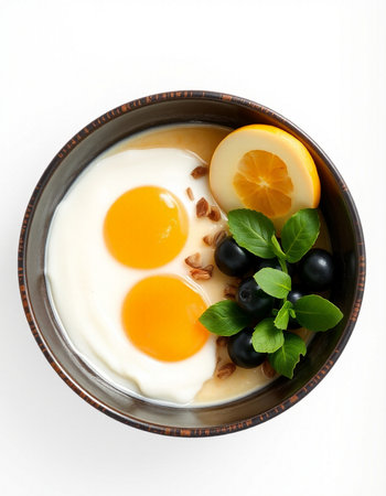 Fried eggs in a bowl of yoghurt on white background