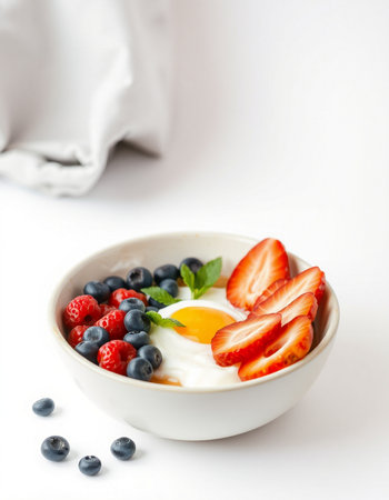Greek yogurt with fresh berries on white background. Healthy breakfast. Selective focus.の写真素材