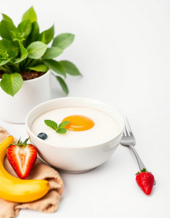 Healthy breakfast with egg, berries and mint on a white background