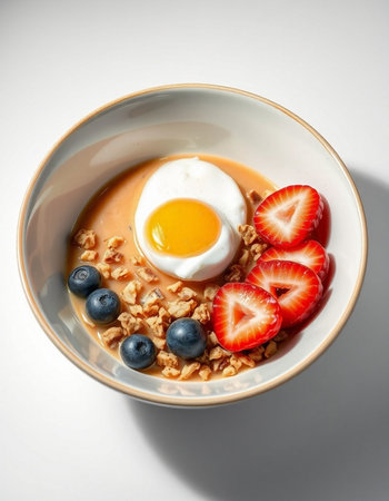 Healthy breakfast with oatmeal, berries and soft-boiled egg