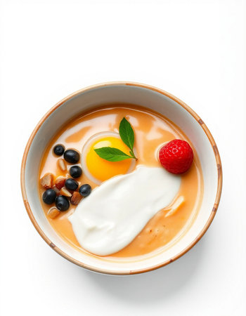 Creamy yogurt with berries in bowl on white background, top view