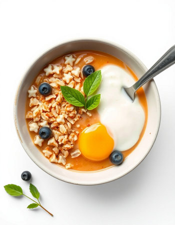 Oatmeal porridge with blueberry and yogurt in bowl on white background