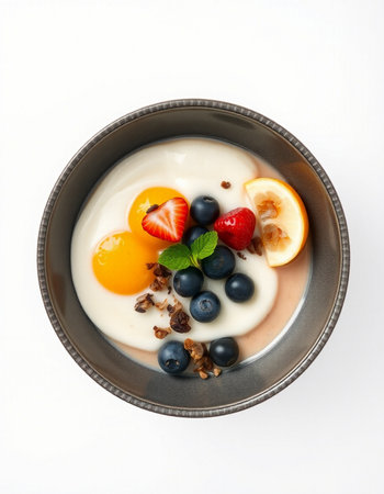 Yogurt with fresh berries and granola in bowl isolated on white background