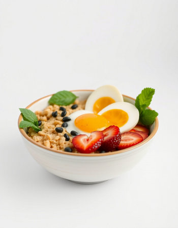 Healthy breakfast - oatmeal with fresh strawberries and egg on white background