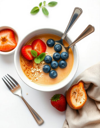 Healthy breakfast bowl with fresh berries and oatmeal on white backgroundの写真素材