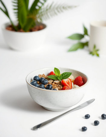 Healthy breakfast. Oat granola with yogurt, fresh berries and mint on white background.の写真素材