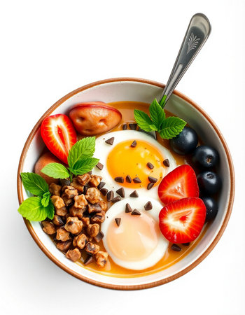 Breakfast with oatmeal, eggs, berries and nuts on a white background